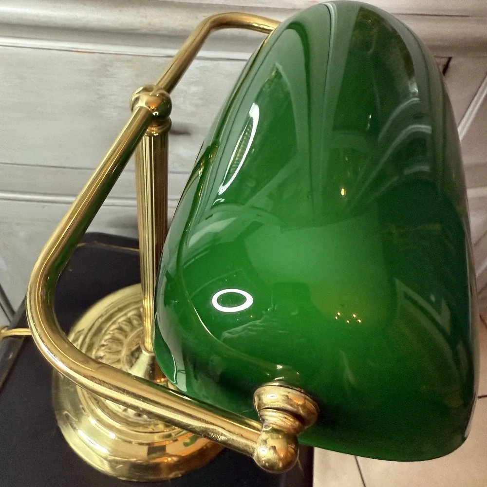 Vintage Bankers Desk Lamp Emerald Green Glass Shade and Column Underwriters Lab